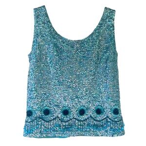 Vintage Turquoise 60s Sequin Beaded Knit Shimmy Cocktail Party Top